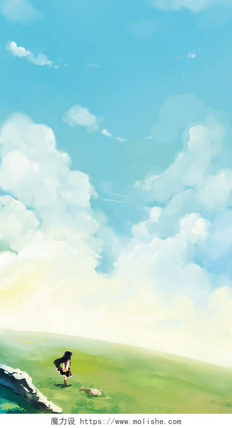 卡通手绘天空蓝天白云草地海报展板H5背景